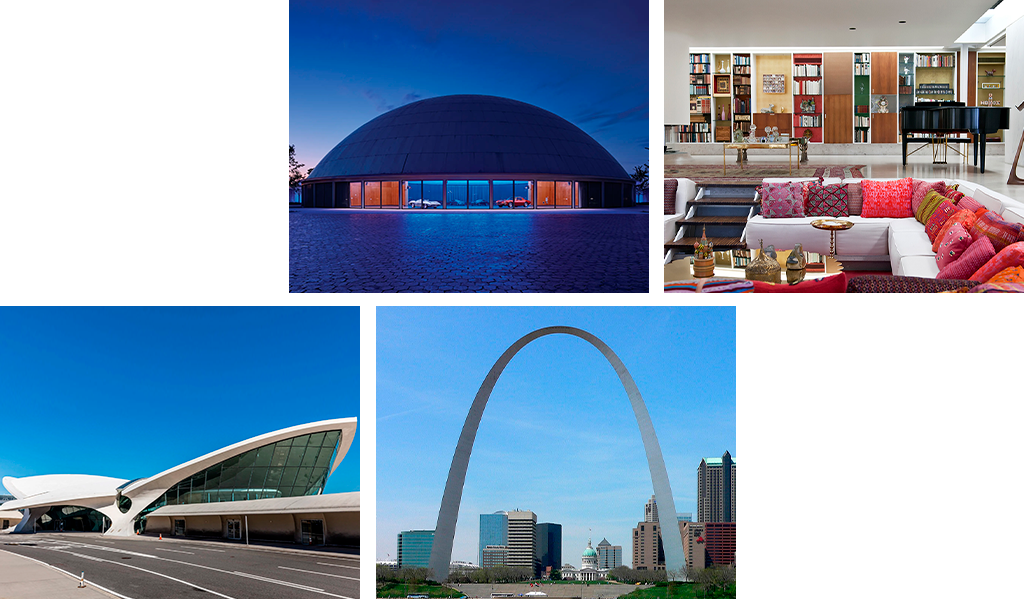 Foto dos projetos: Warren Technical Center, a Miller House, o TWA Terminal e o Gateway Arch