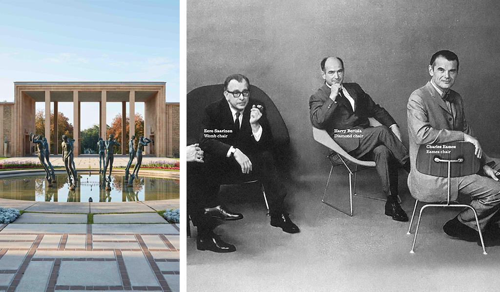 Fonte da Cranbrook Academy. Foto dos amigos Eero Saarinen, Harry Bertoia e Charles Eames.