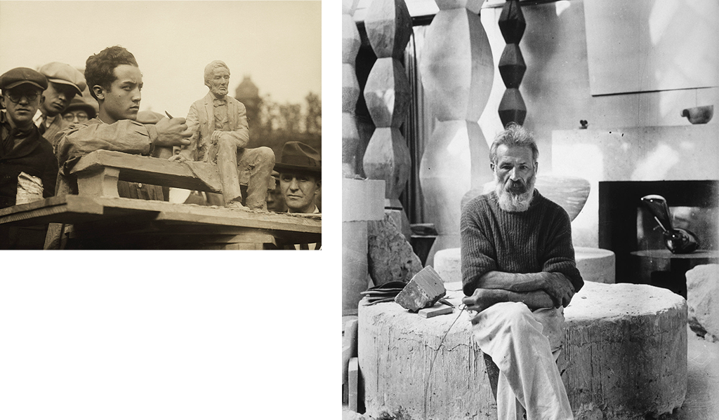 Jovem Noguchi reproduzindo a estatua realista de Abraham Lincoln. Ao lado, retrato de Constantin Brancusi por Isamu Noguchi.